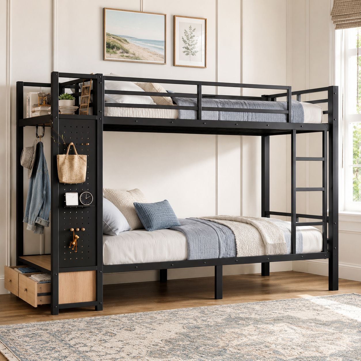 Valren black bunk bed showing a front-right angled view with storage tower and ladder in a bright bedroom