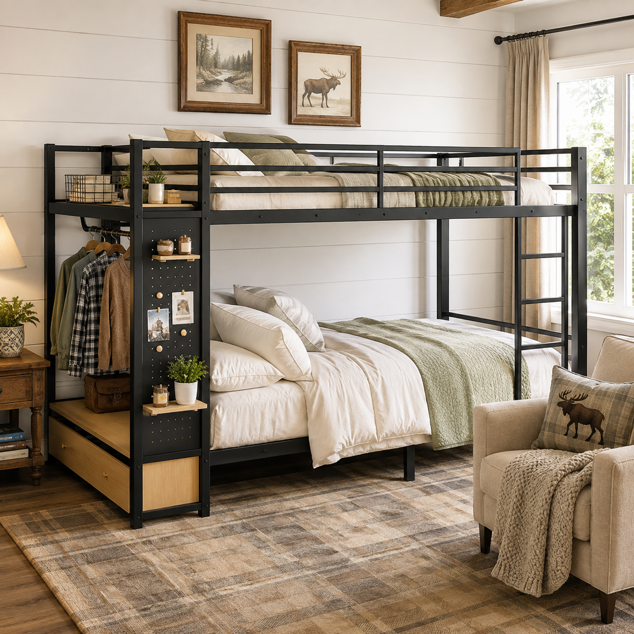 Valren black queen over queen bunk bed with side storage shelves in a bright bedroom