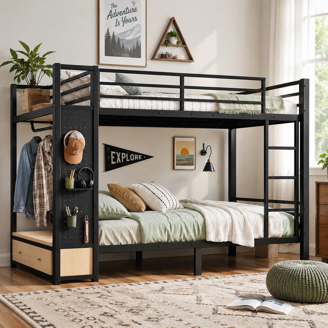 Valren black bunk bed showing a front-left angled view with storage shelves and dark bedding in a bedroom