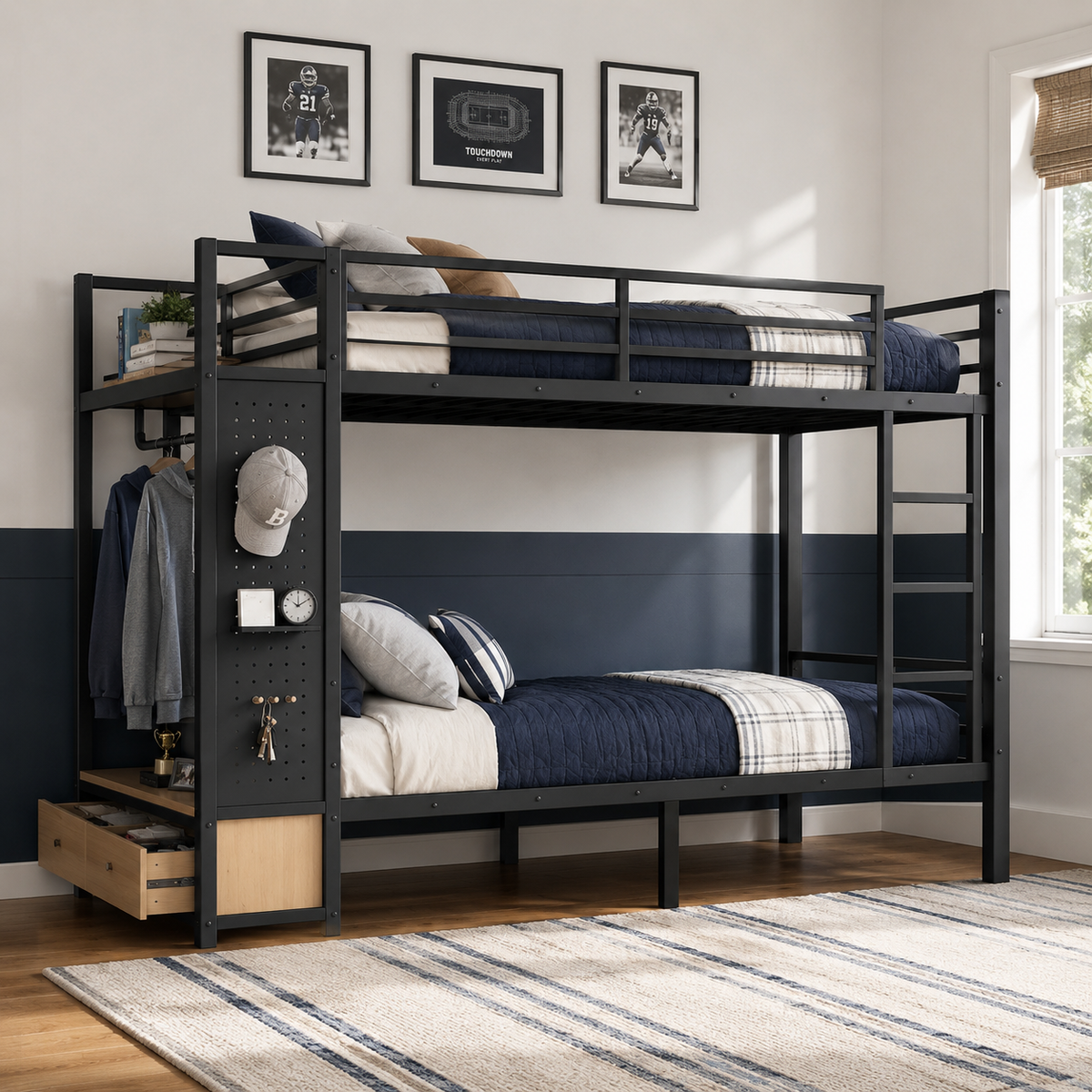 Valren black bunk bed showing a front-left angled view with pegboard storage and twin XL sleeping areas