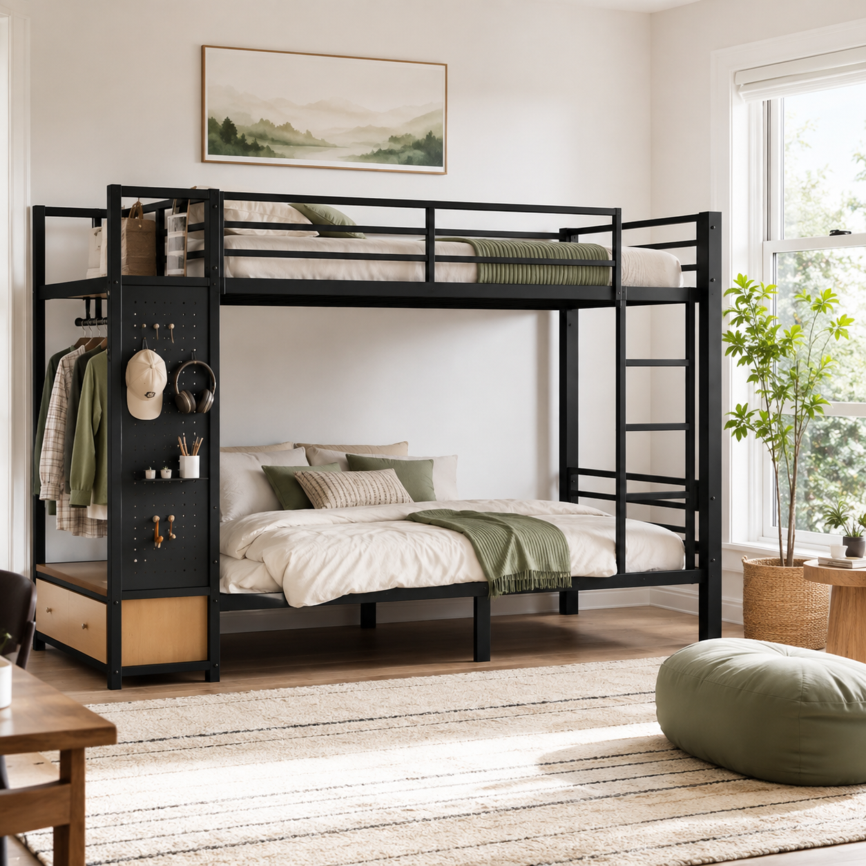 Valren black queen over queen bunk bed with neutral bedding in a bright modern bedroom