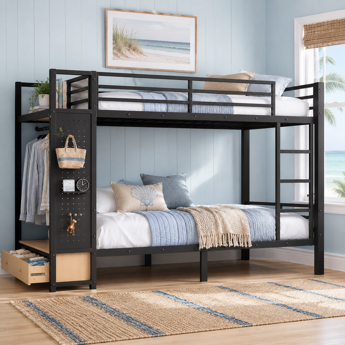 Valren black bunk bed showing a near-front view with ladder on the right and storage tower on the left