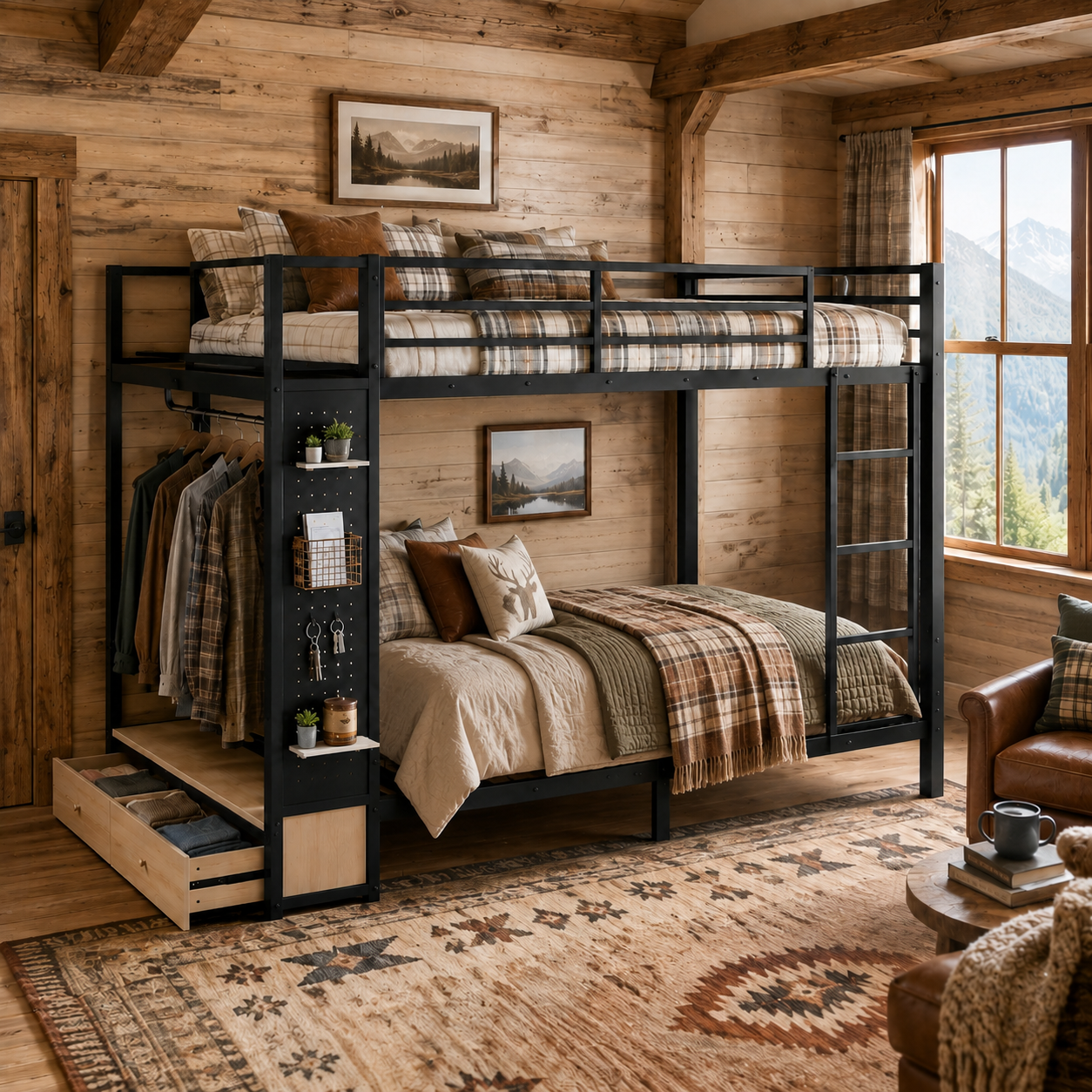 Valren black queen over queen bunk bed with pegboard storage in a warm wood-accent bedroom