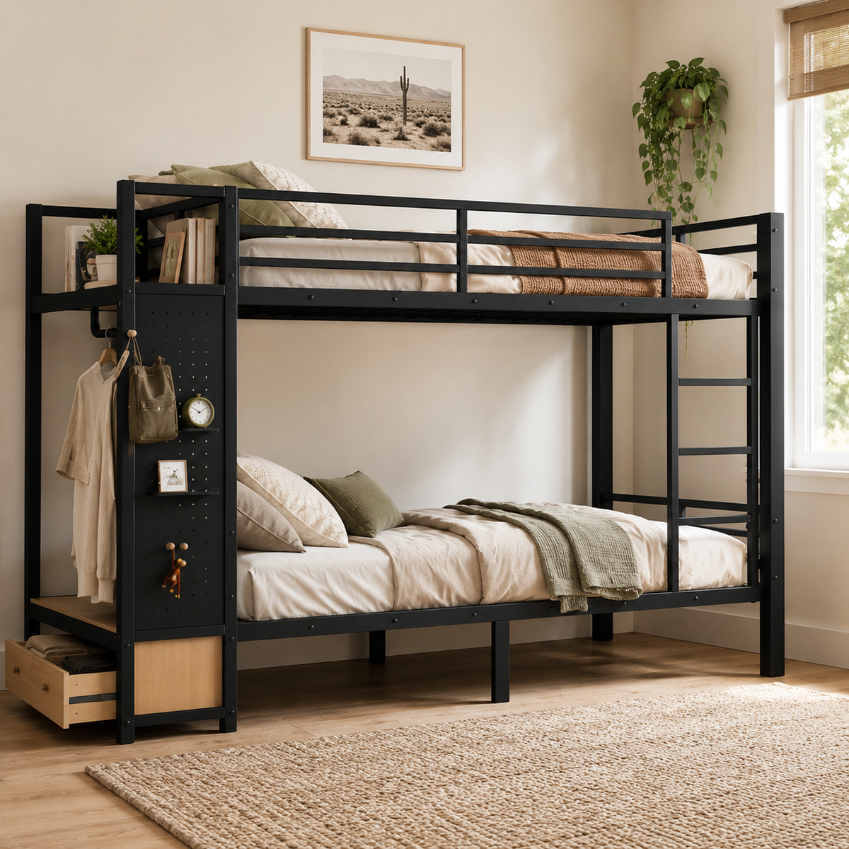 Valren black bunk bed showing a front-left angled bedroom view with shelves pegboard and storage drawers