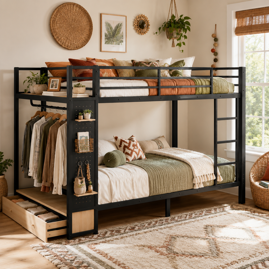 Valren black queen over queen bunk bed with drawers and shelves in a warm bedroom setting