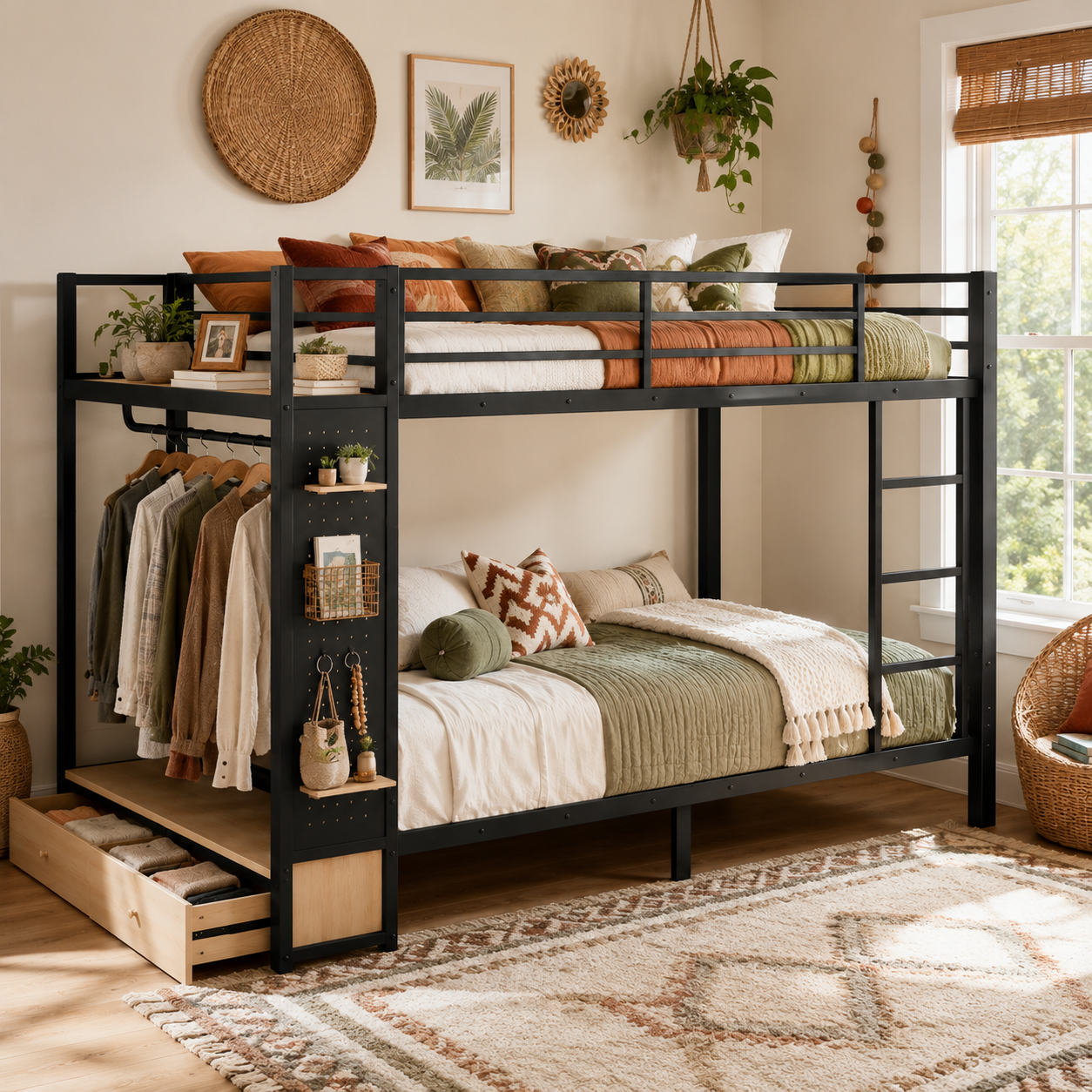 Valren black queen over queen bunk bed with drawers and shelves in a warm bedroom setting