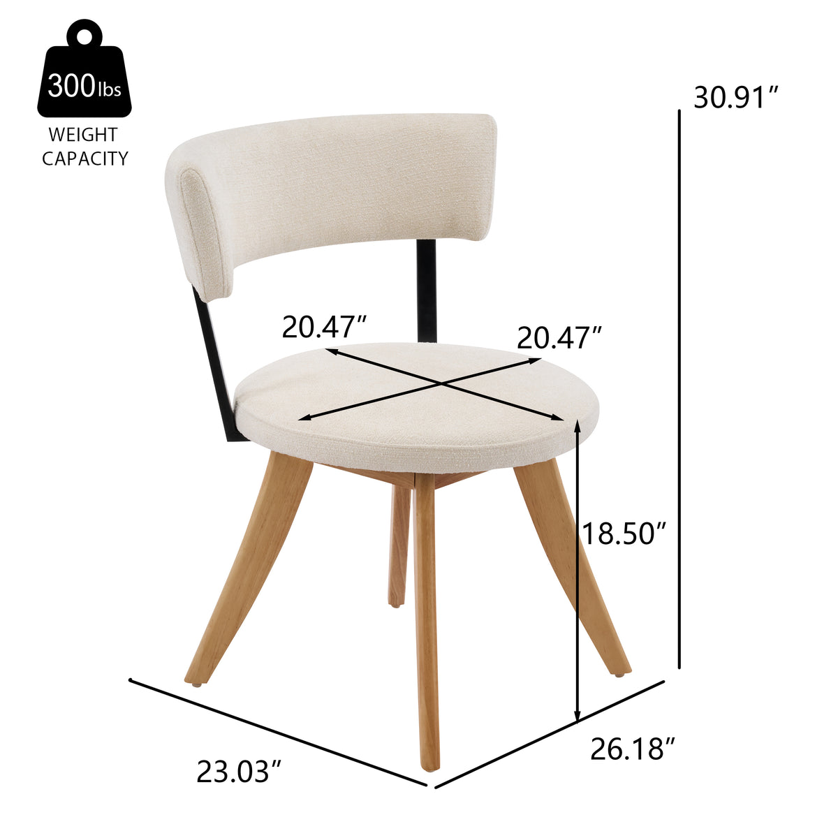 Vanern brown upholstered dining chair showing product dimensions with curved back and solid wood base