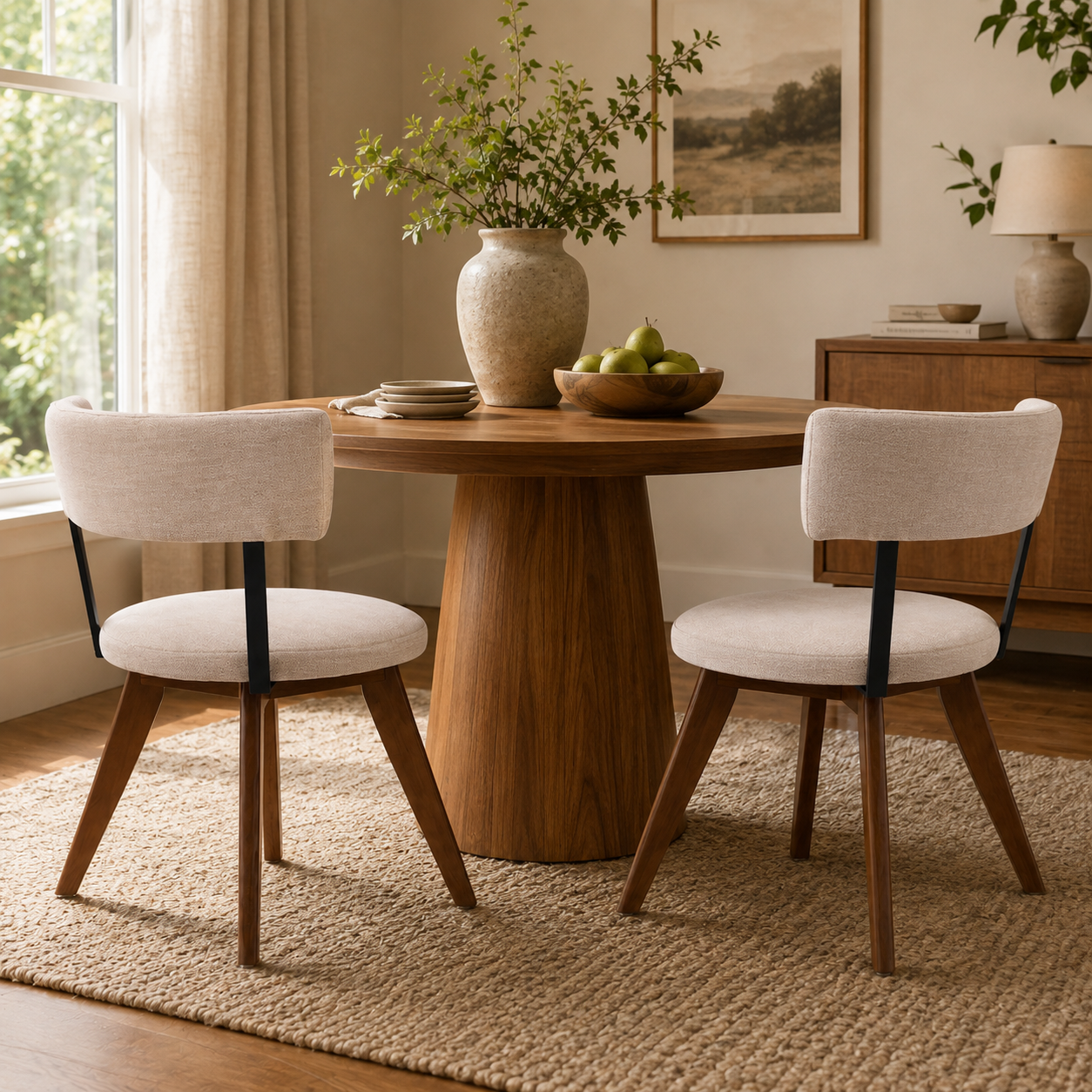 Vanern brown upholstered dining chairs with curved backs and solid wood bases around a round wood dining table