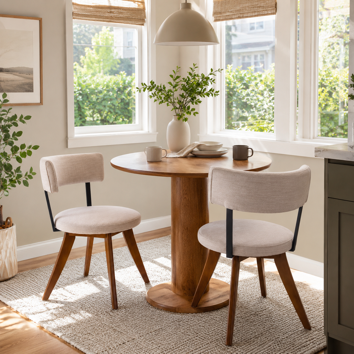 Vanern brown dining chairs in a bright dining room with a round pedestal table and warm decor