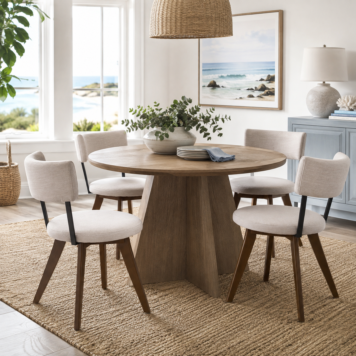 Vanern brown dining chairs with curved backs in a warm contemporary dining room