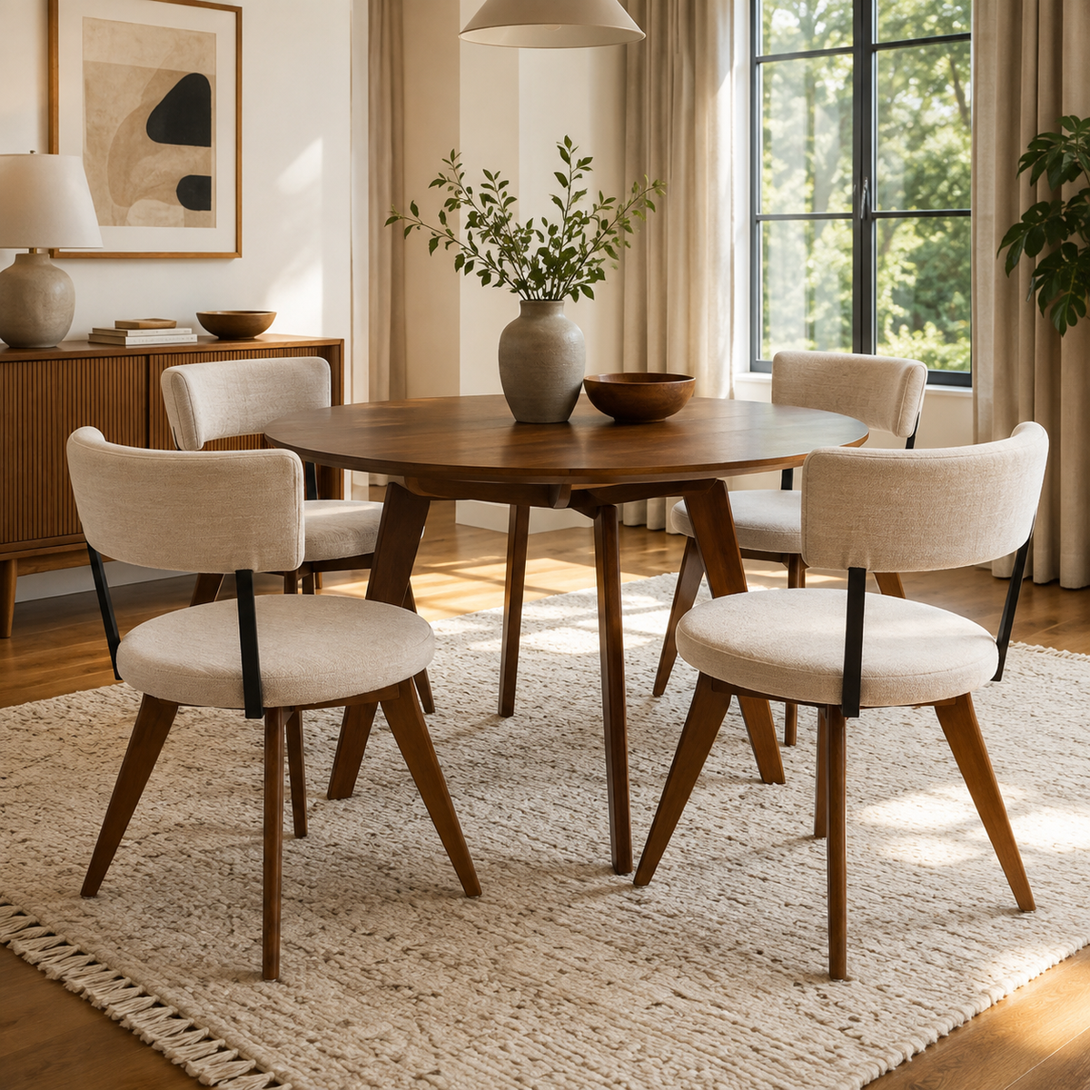 Vanern brown upholstered dining chairs around a round table in a sunlit home dining area