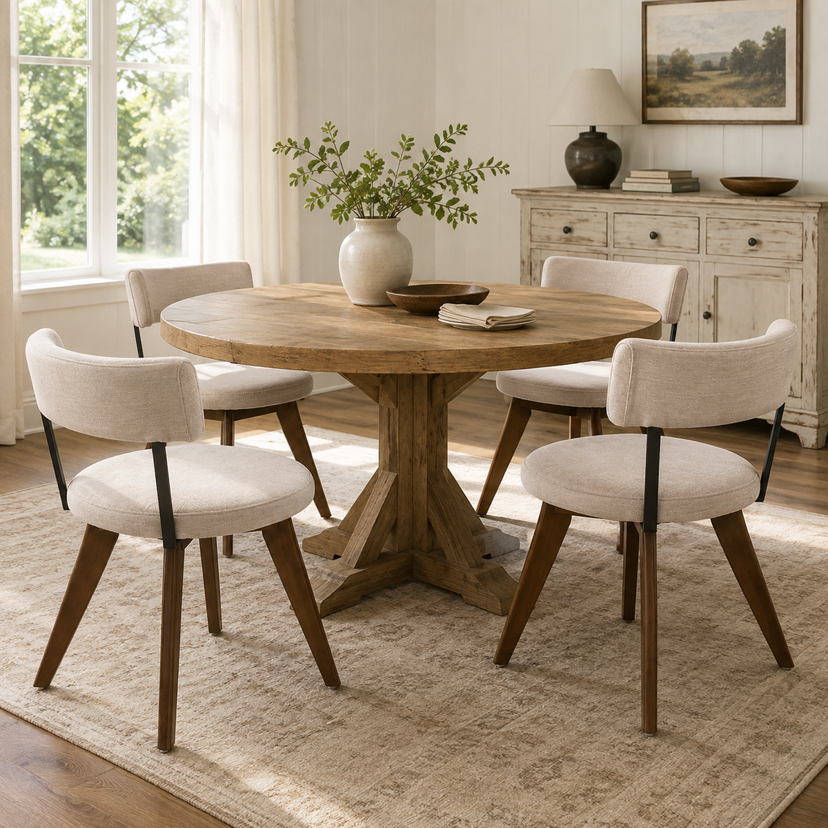 Vanern brown upholstered dining chairs around a round table in a sunlit home dining area