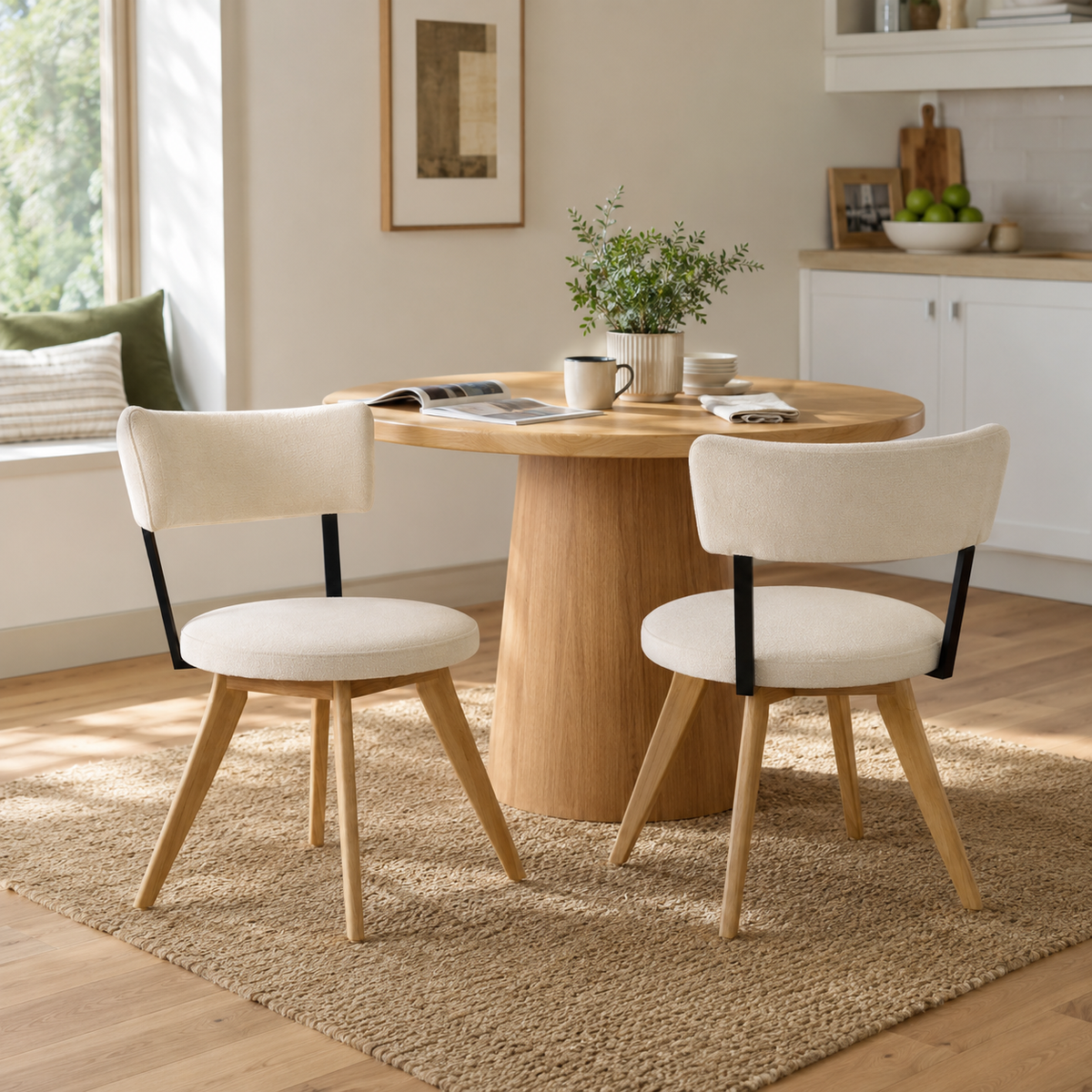 Vanern oak dining chairs in a bright dining room with a round pedestal table and natural decor