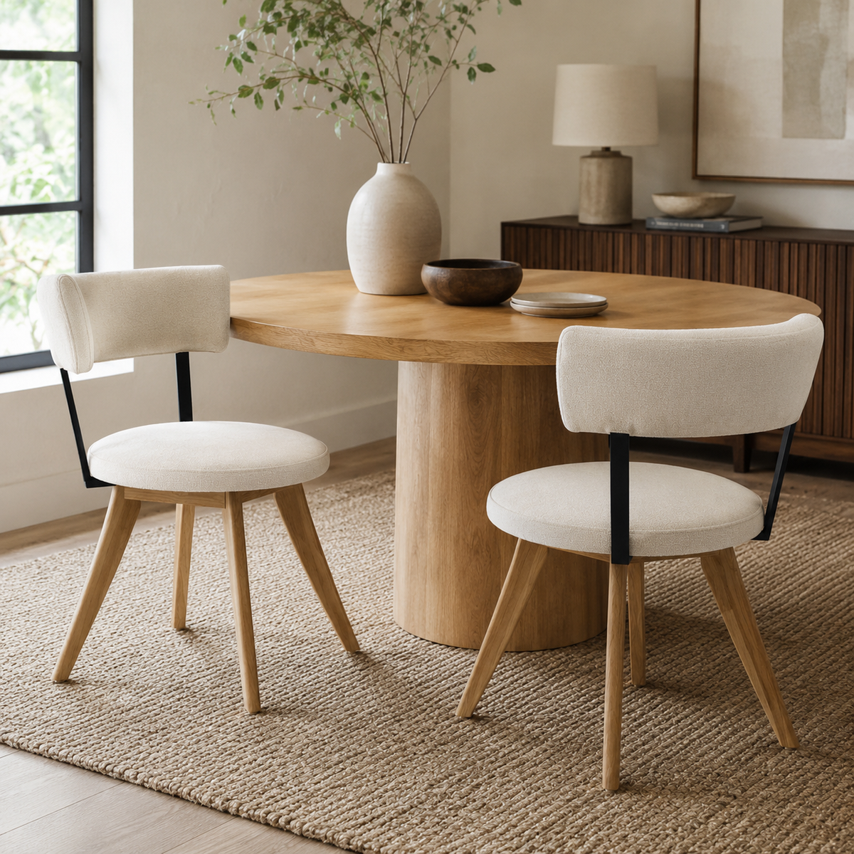 Vanern oak upholstered dining chairs beside a round wood table in a warm modern dining space