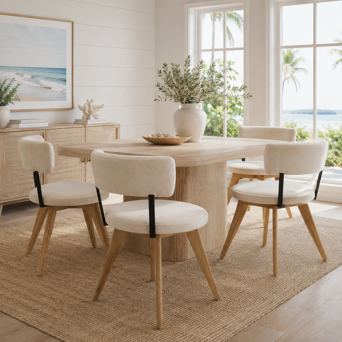 Vanern oak dining chairs with curved backs in a cozy dining room with neutral tones