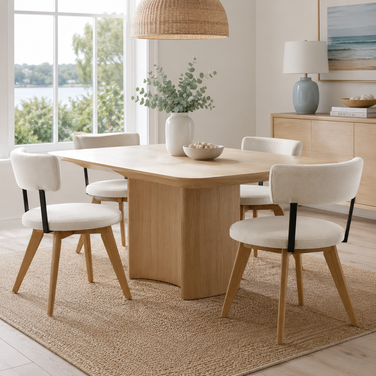 Vanern oak upholstered dining chairs around a round table in a sunlit dining room