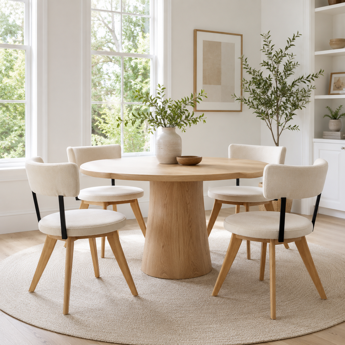Vanern oak upholstered dining chairs around a round table in a sunlit dining room