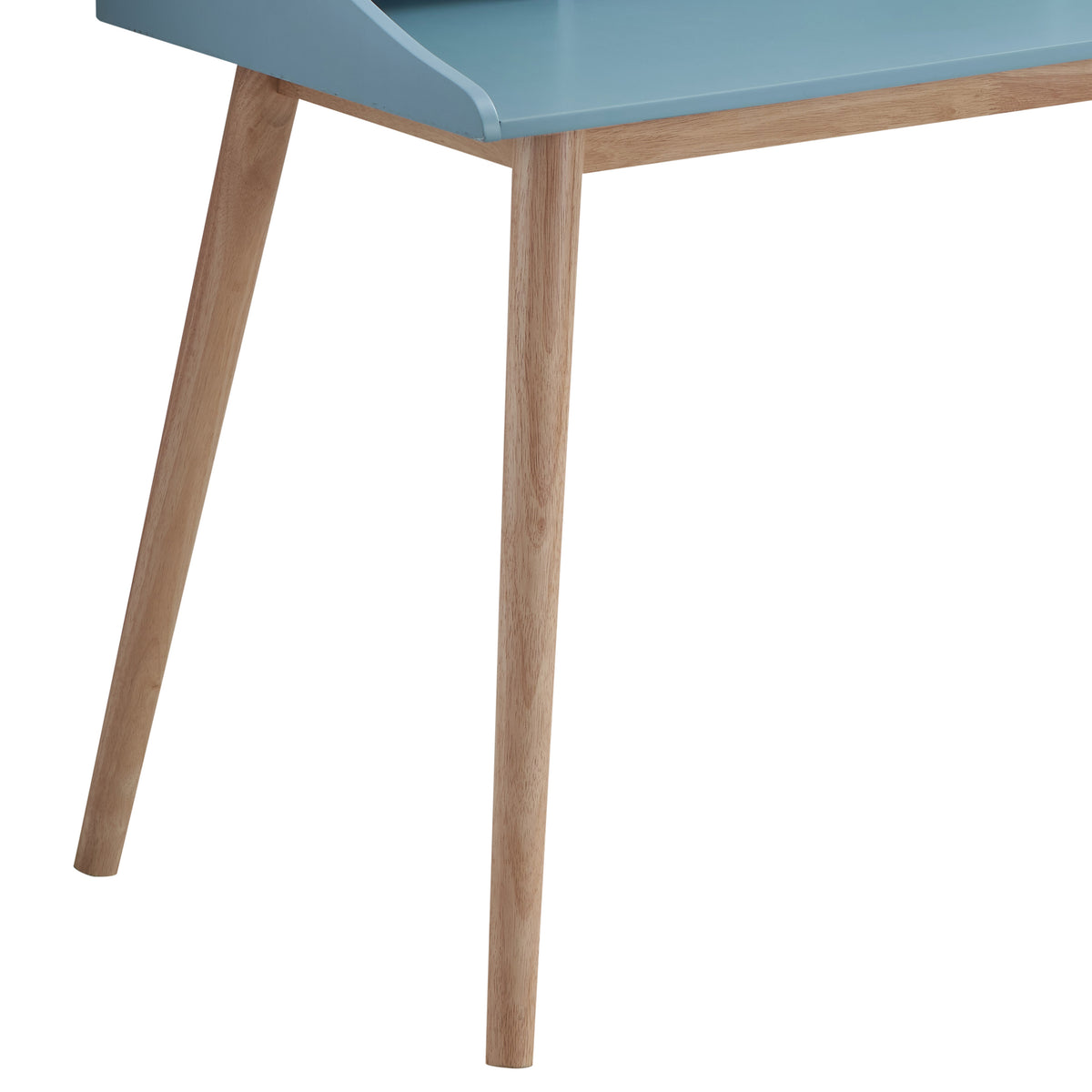 Vantaa blue writing desk showing tapered wood leg and desktop edge detail