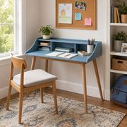 Vantaa blue writing desk showing an open hutch workspace with a chair beside a bright bedroom window