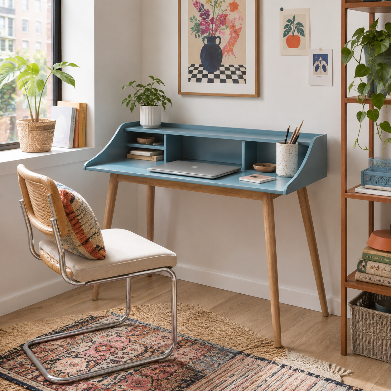 Vantaa blue writing desk showing an open hutch with a wood chair rug and framed wall art