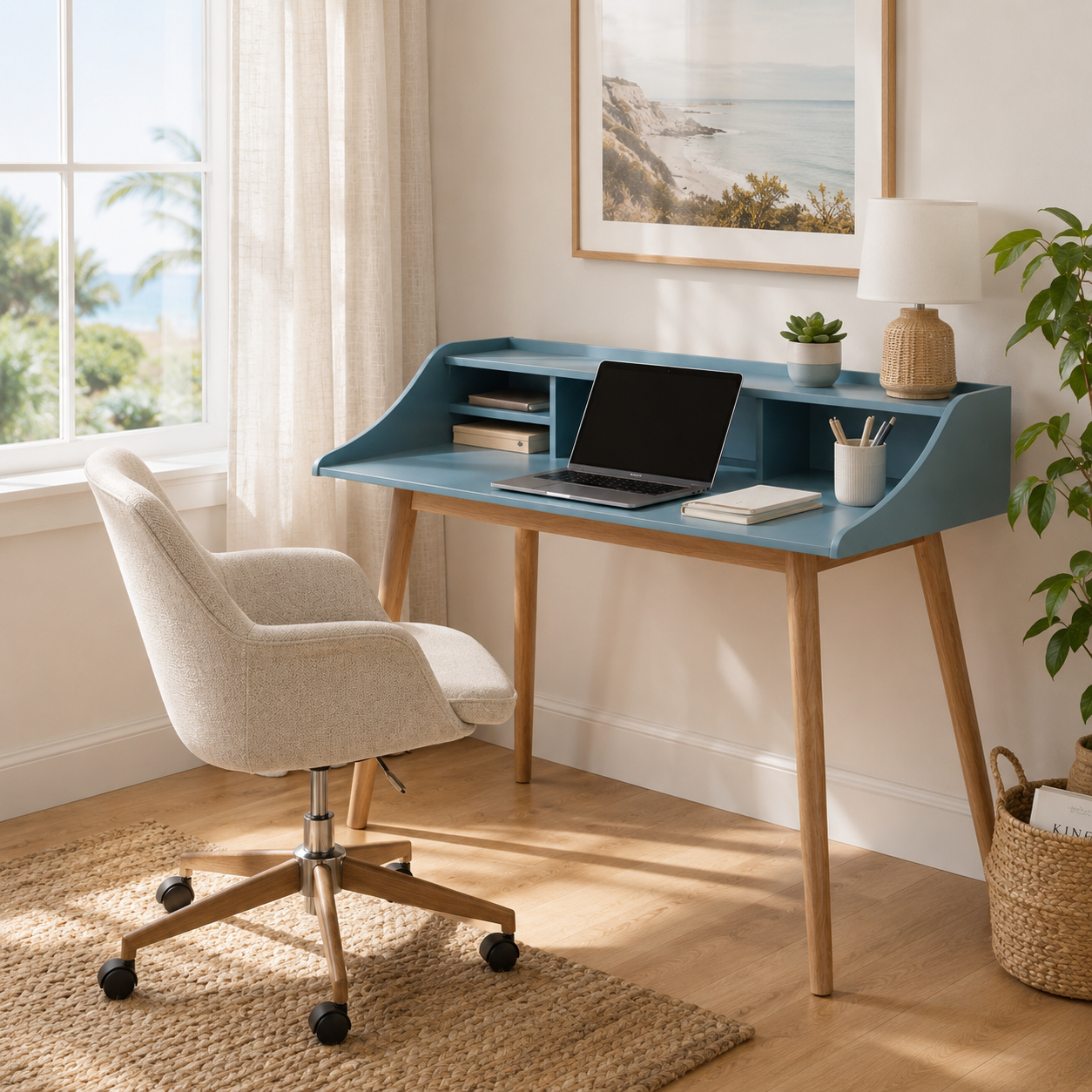 Vantaa blue writing desk showing a compact workspace with a white rolling chair near tall windows