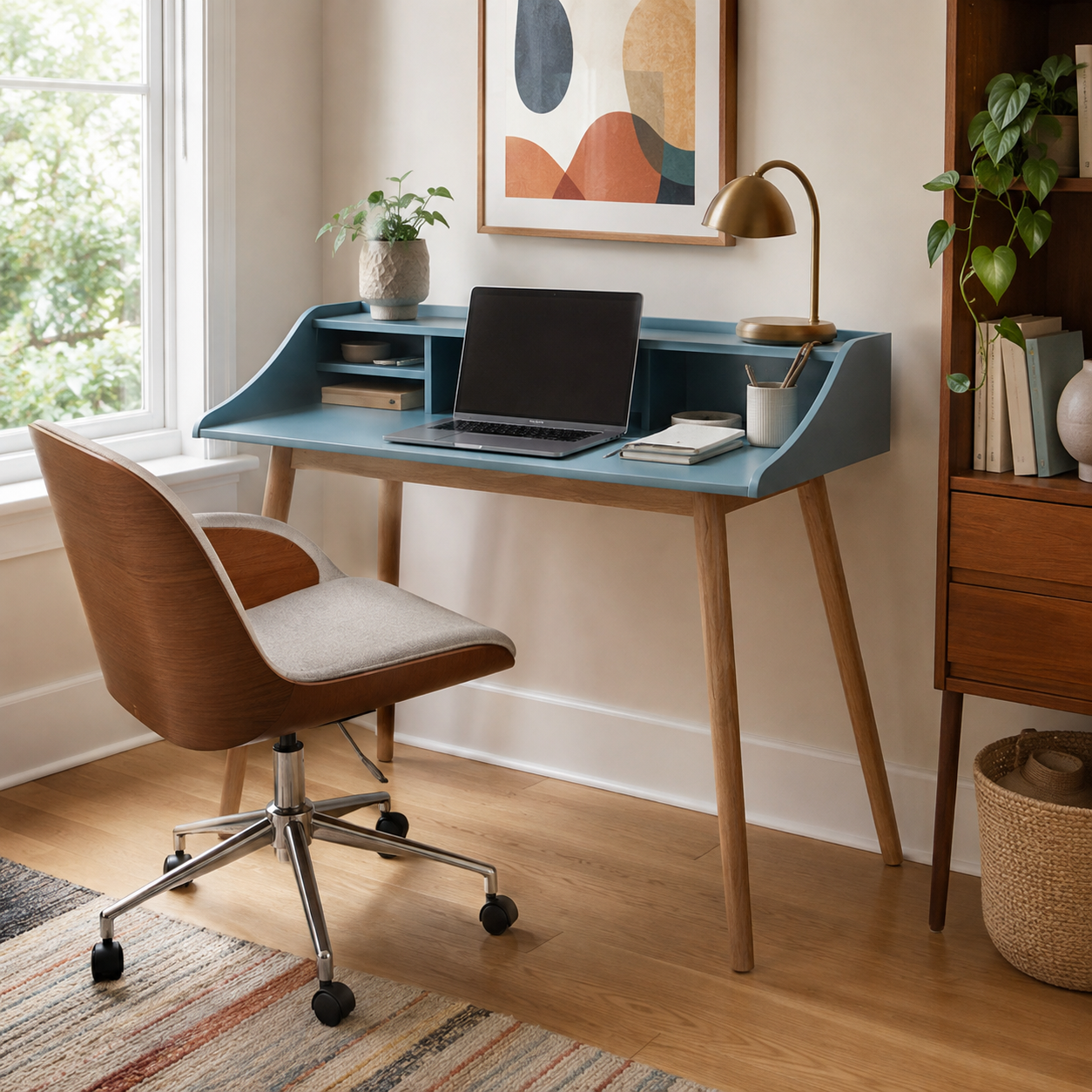 Vantaa blue writing desk showing an open hutch workspace with a brown swivel chair and wall art