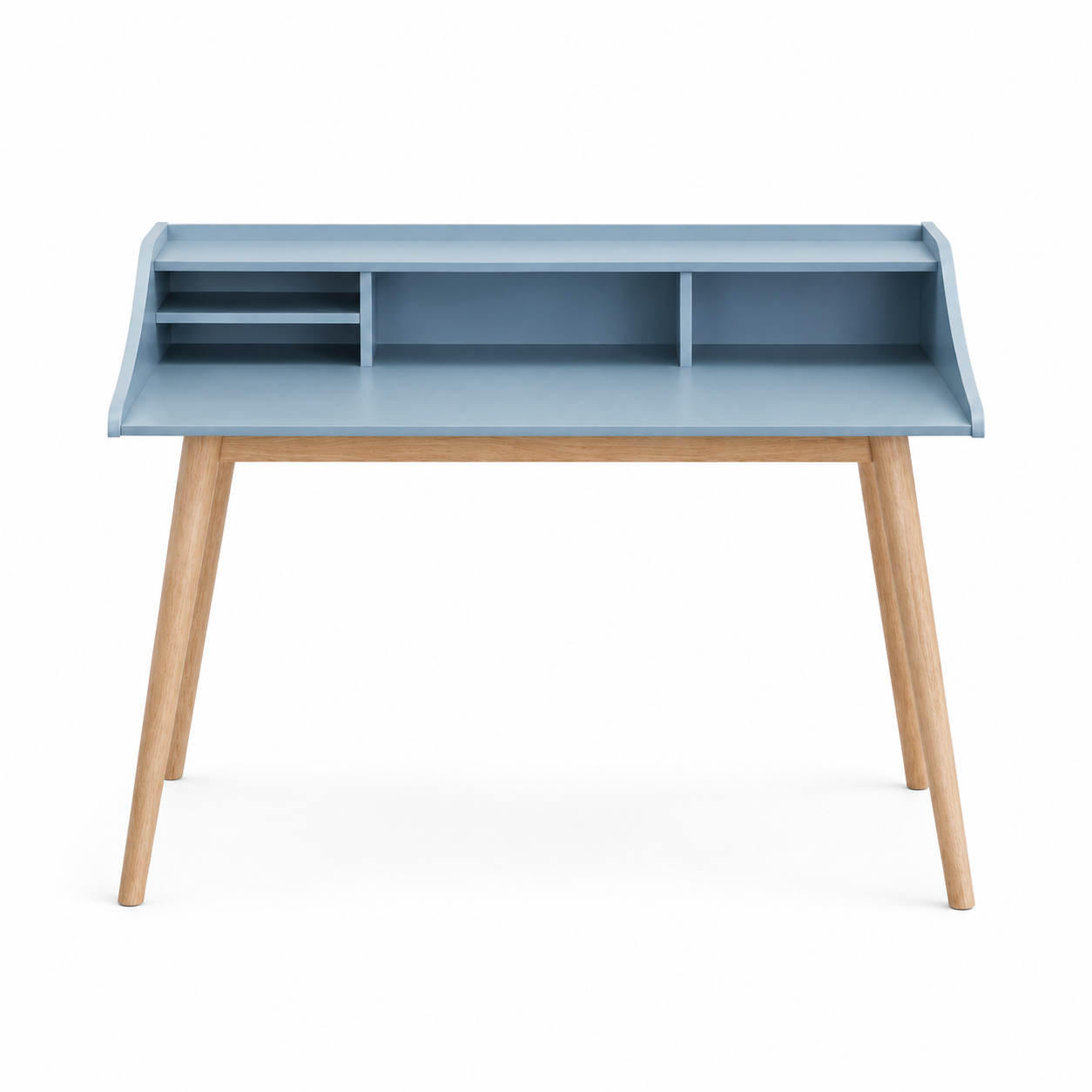 Vantaa blue writing desk showing the front view with an open hutch and tapered wood legs