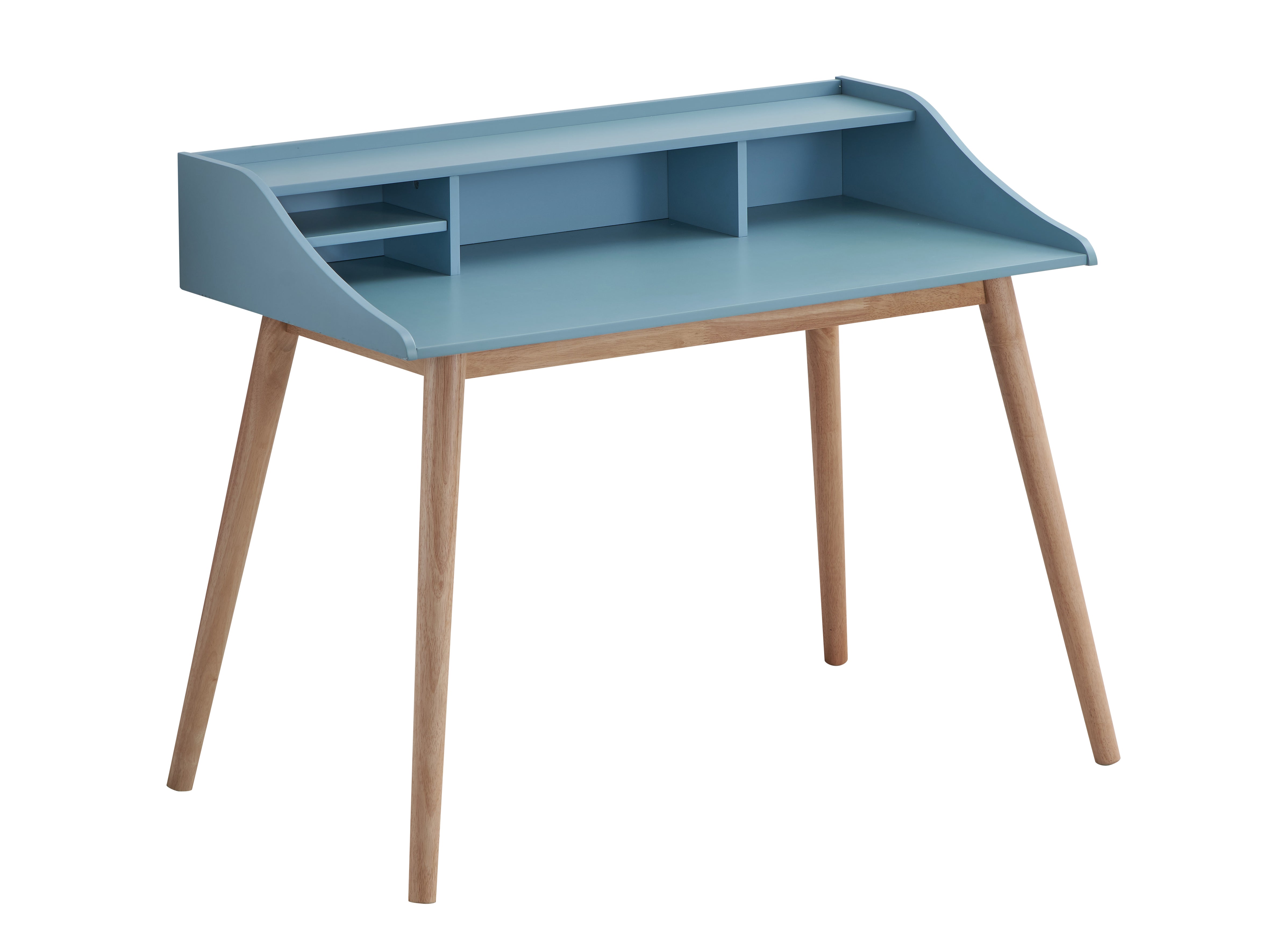 Vantaa blue writing desk showing an angled front view with open storage cubbies and wood legs