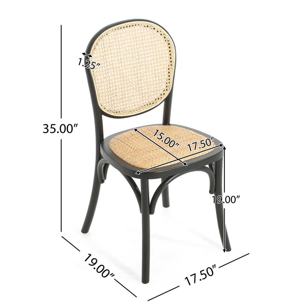 Vattern black handwoven rattan cane dining chair showing product dimensions with bentwood frame