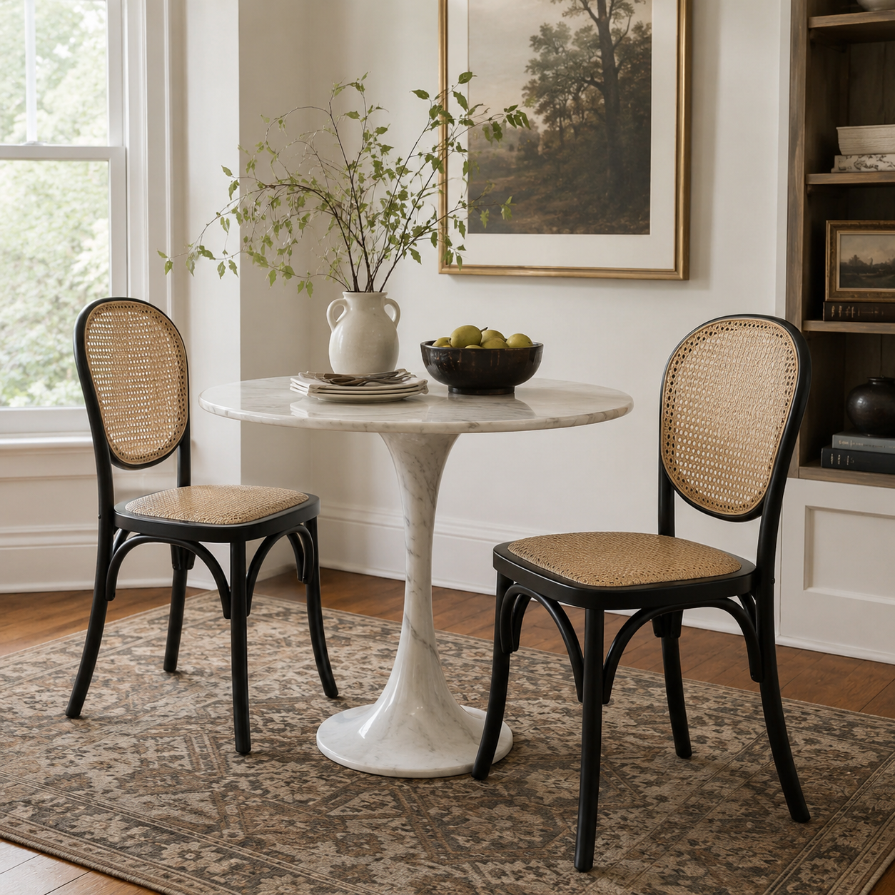 Vattern black handwoven rattan cane dining chairs with bentwood frames beside a round wood dining table