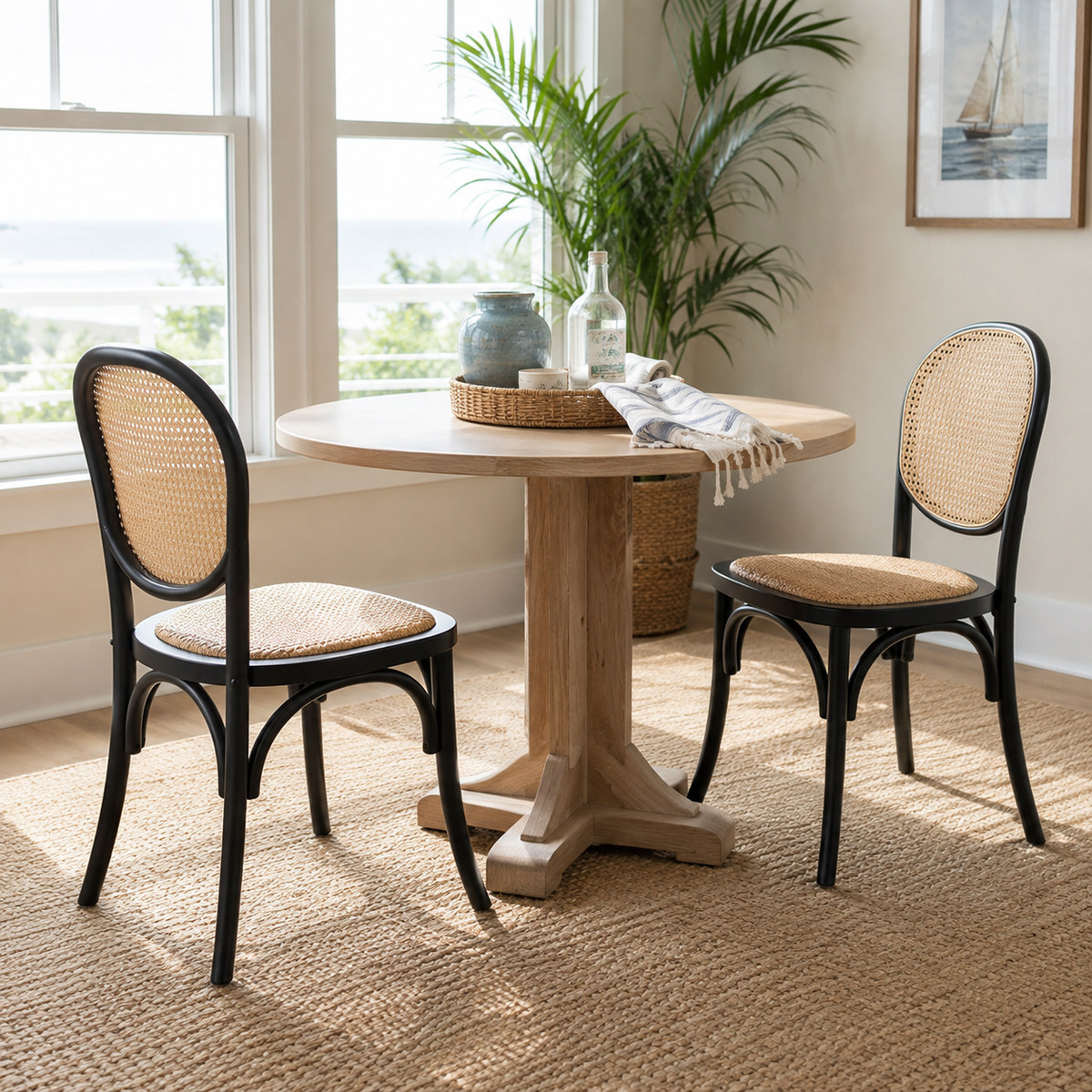 Vattern black rattan cane dining chairs around a wood dining table in a bright dining room