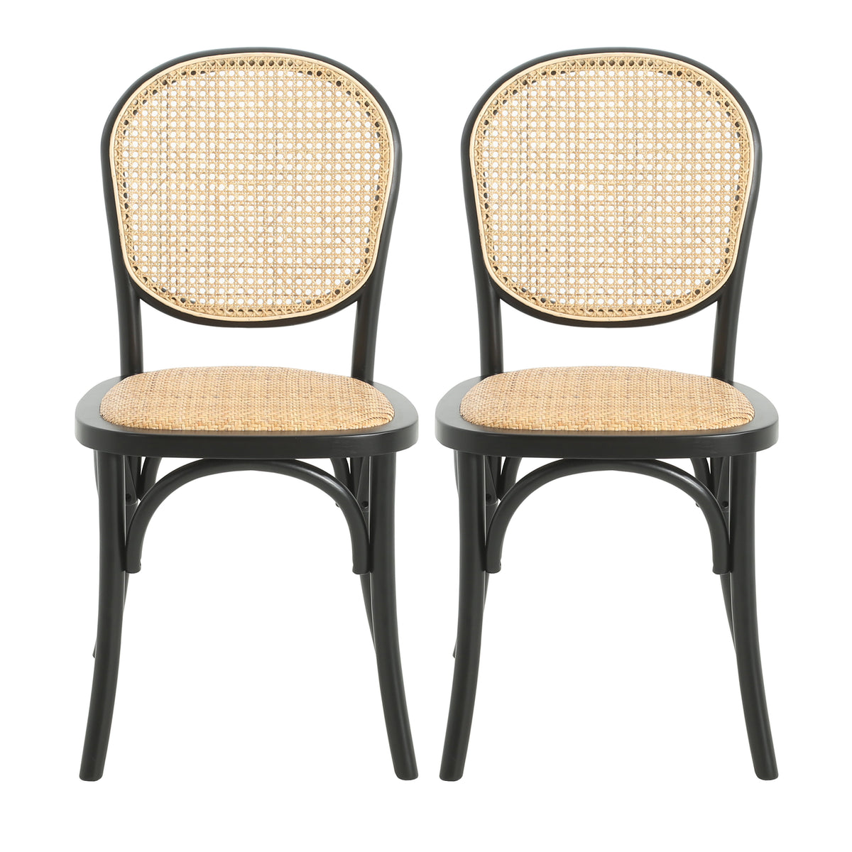 Vattern black handwoven rattan cane dining chairs set of two front view on white background
