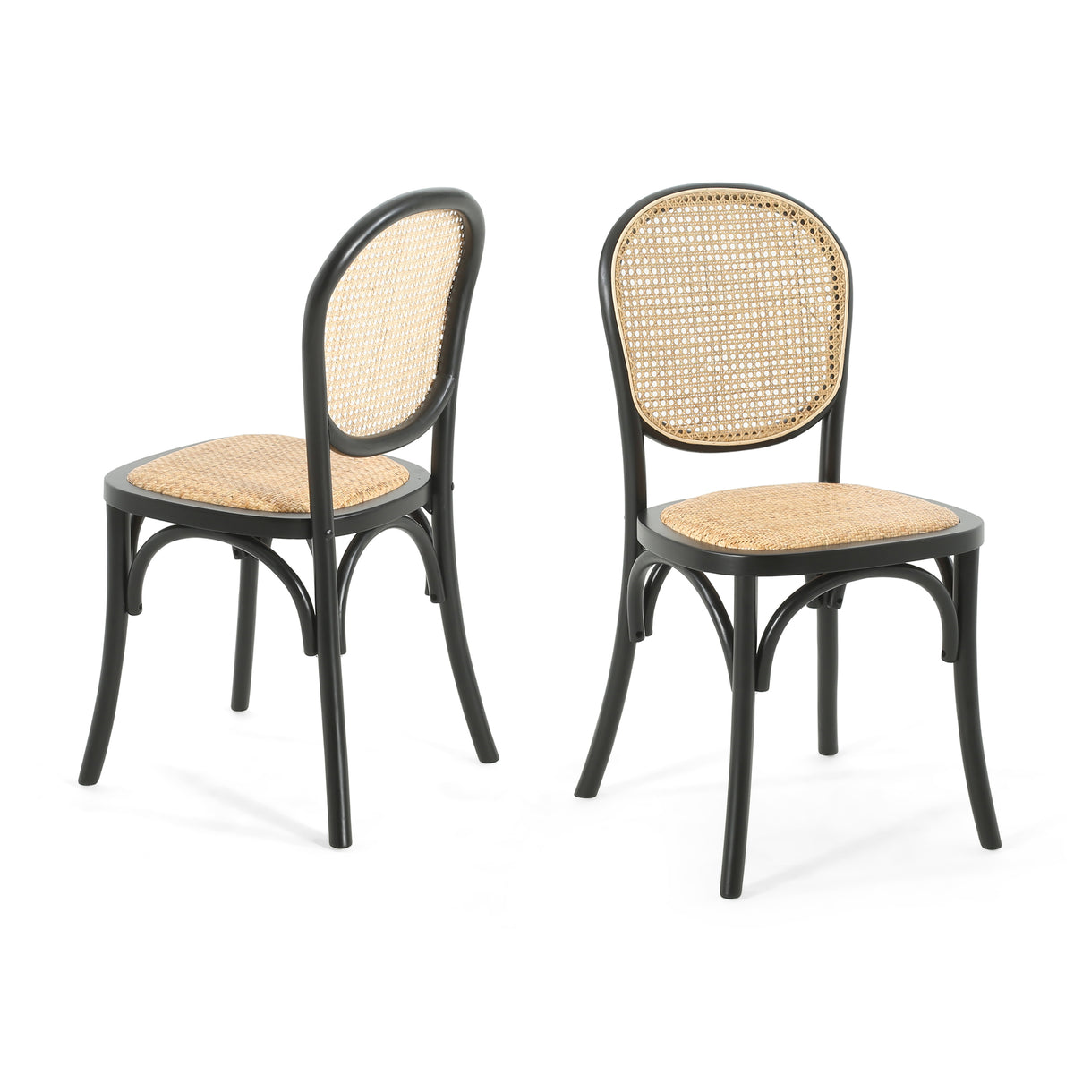 Vattern black handwoven rattan cane dining chairs set of two angled view on white background