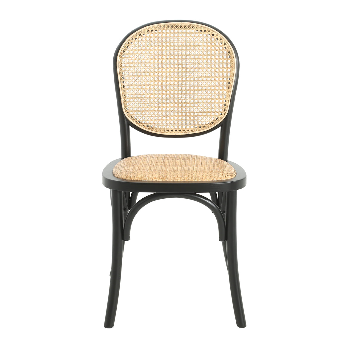 Vattern black handwoven rattan cane dining chair straight front view on white background