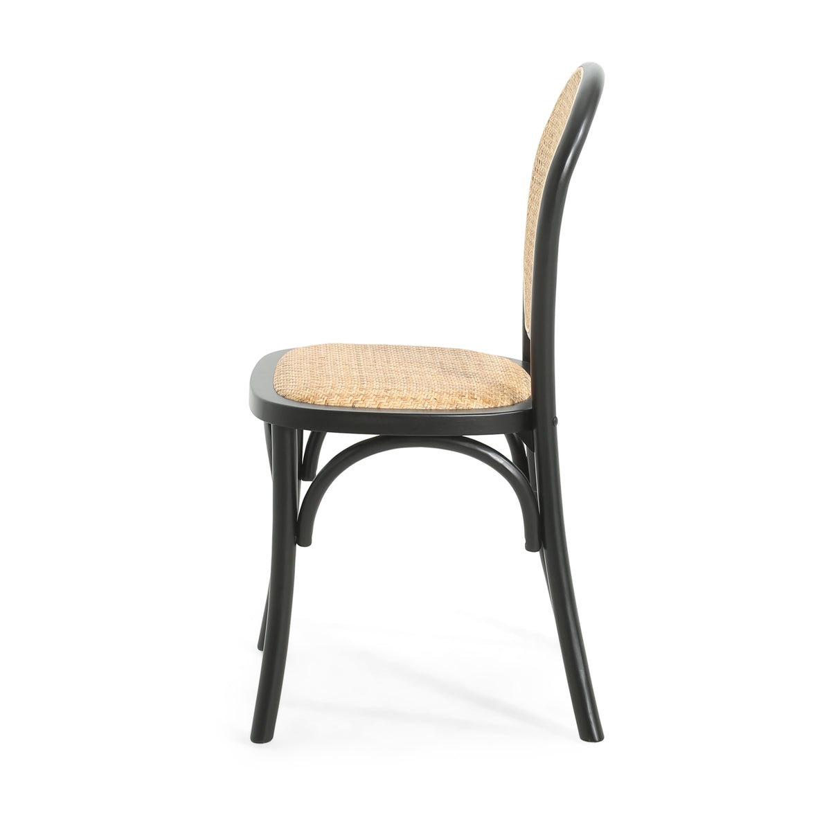 Vattern black handwoven rattan cane dining chair side view on white background
