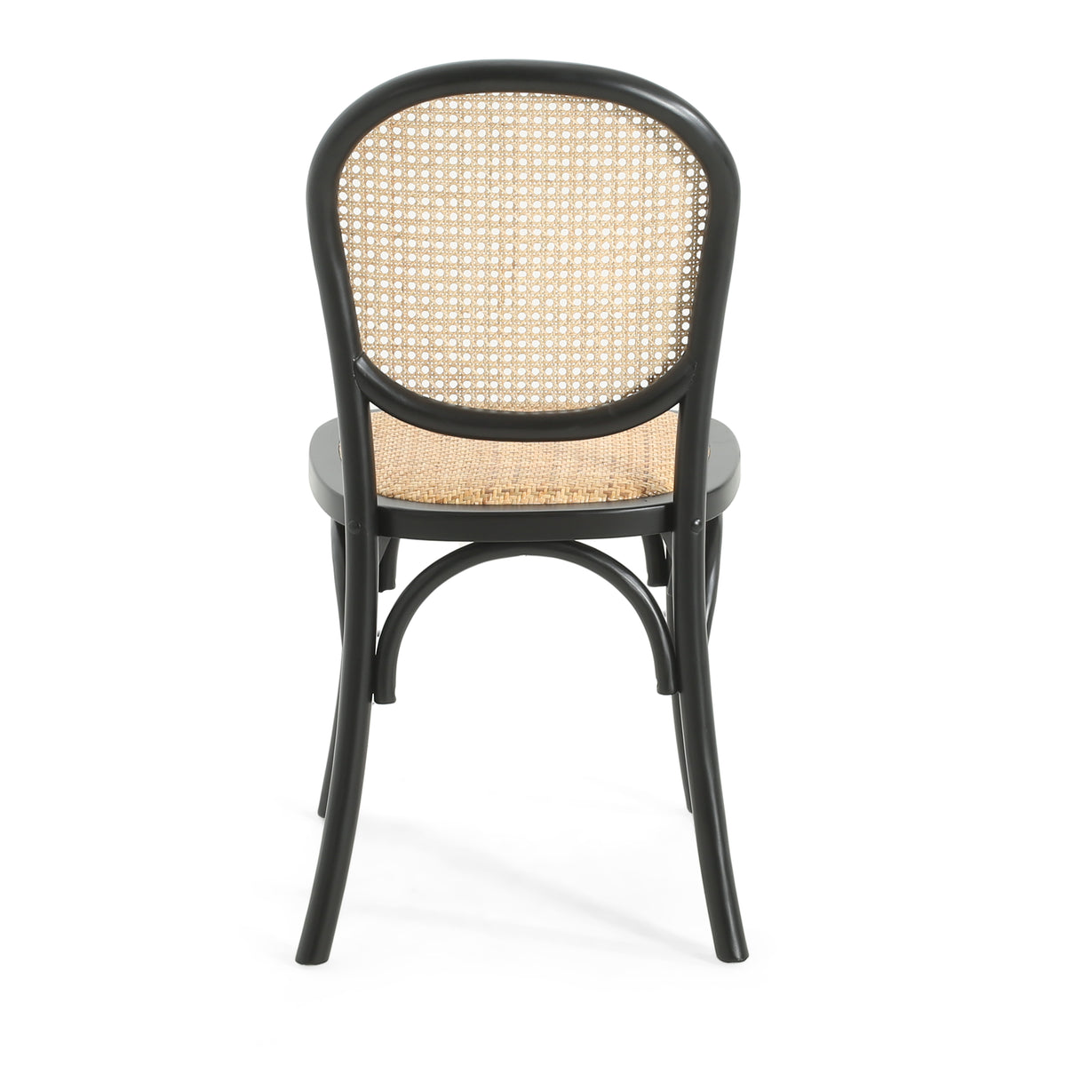 Vattern black handwoven rattan cane dining chair rear view on white background