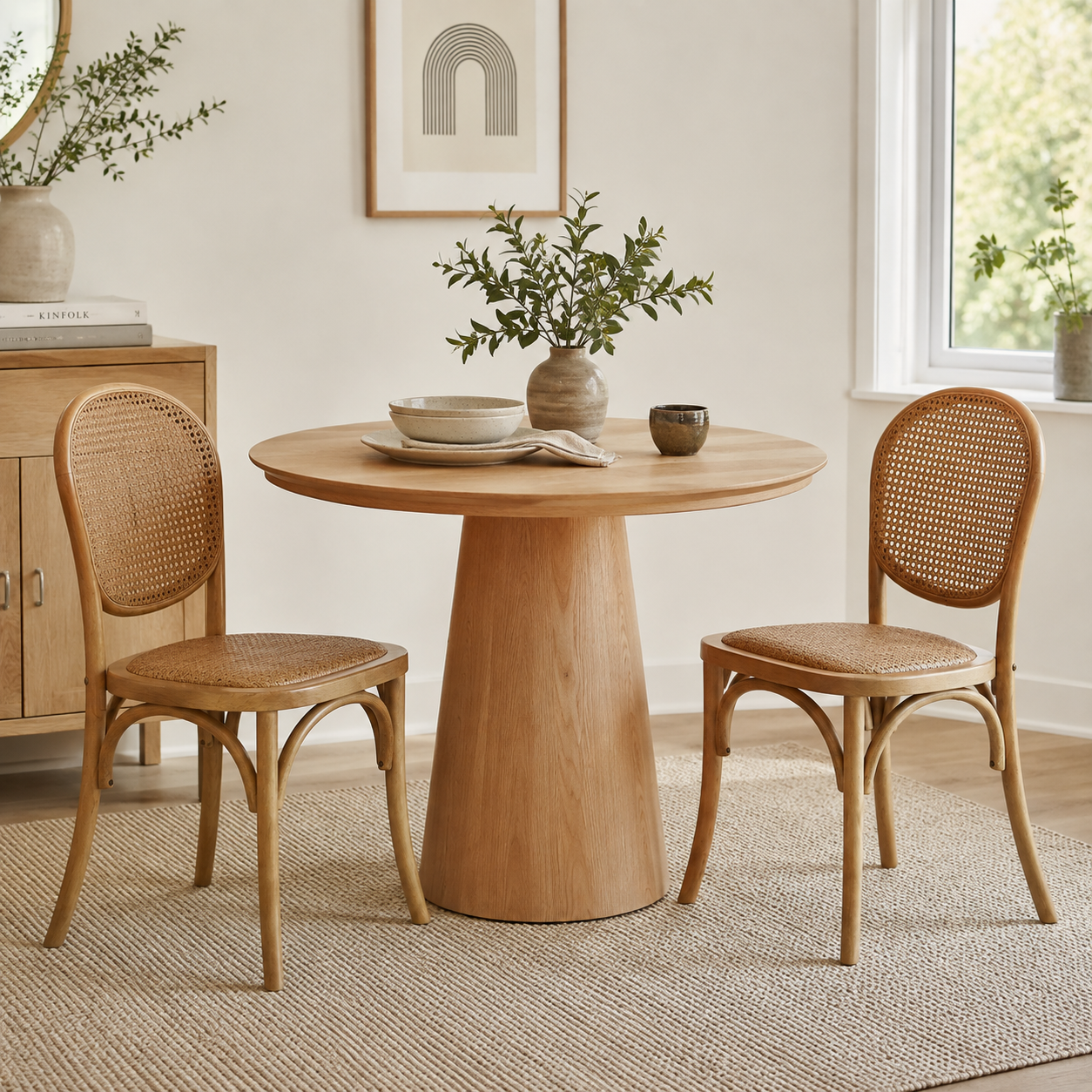 Vattern brown handwoven rattan cane dining chairs beside a round wood dining table