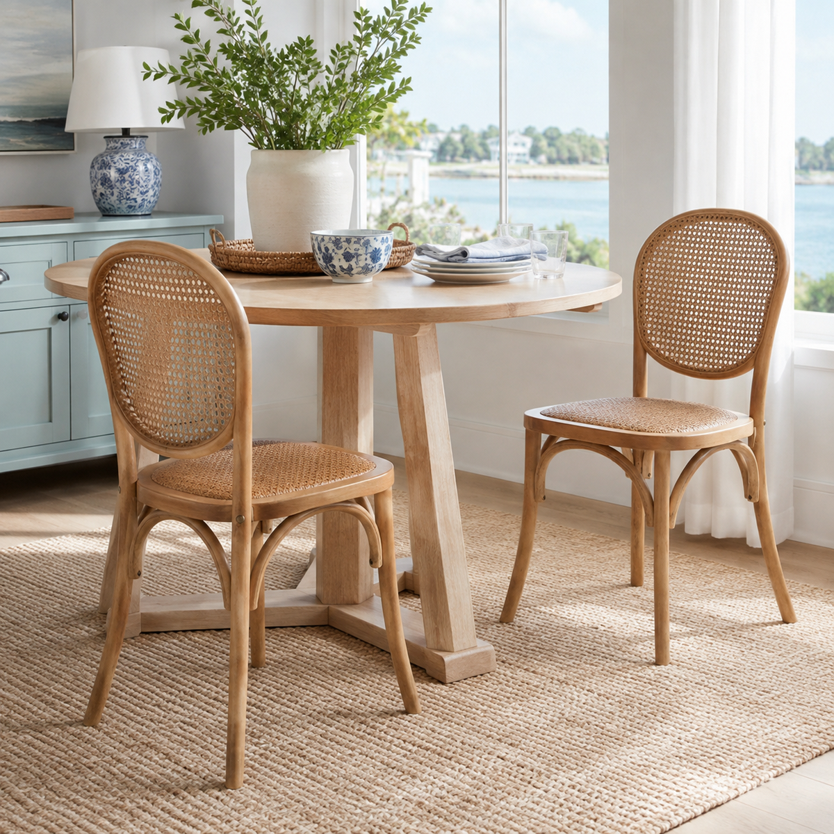 Vattern brown cane dining chairs around a round dining table in a bright dining room