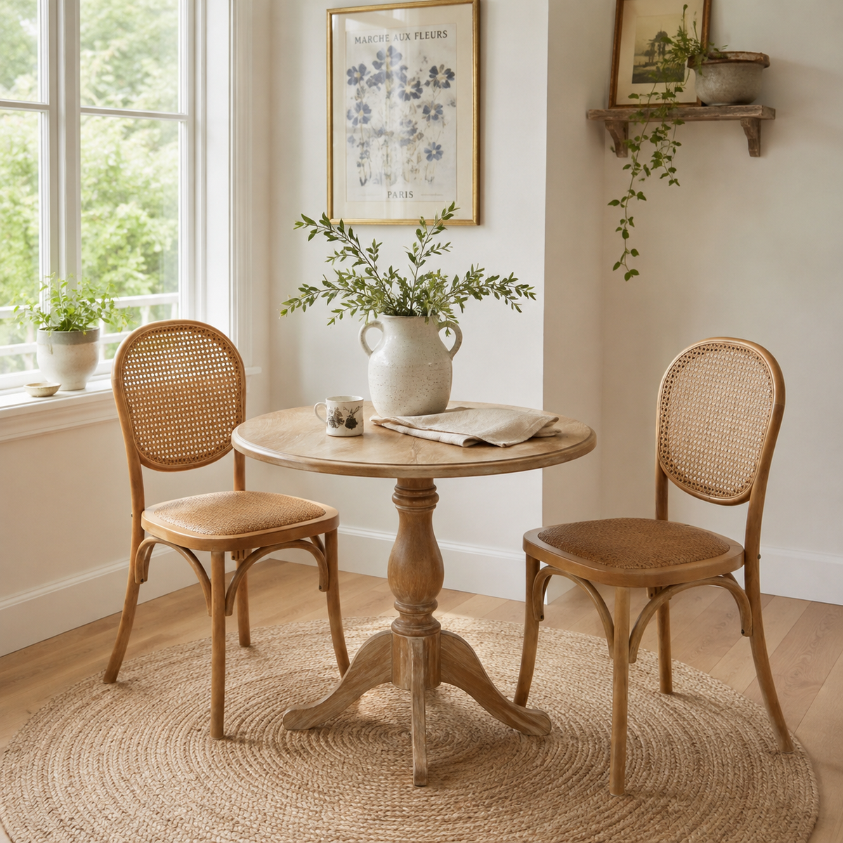 Vattern brown bentwood dining chairs around a rectangular wood dining table