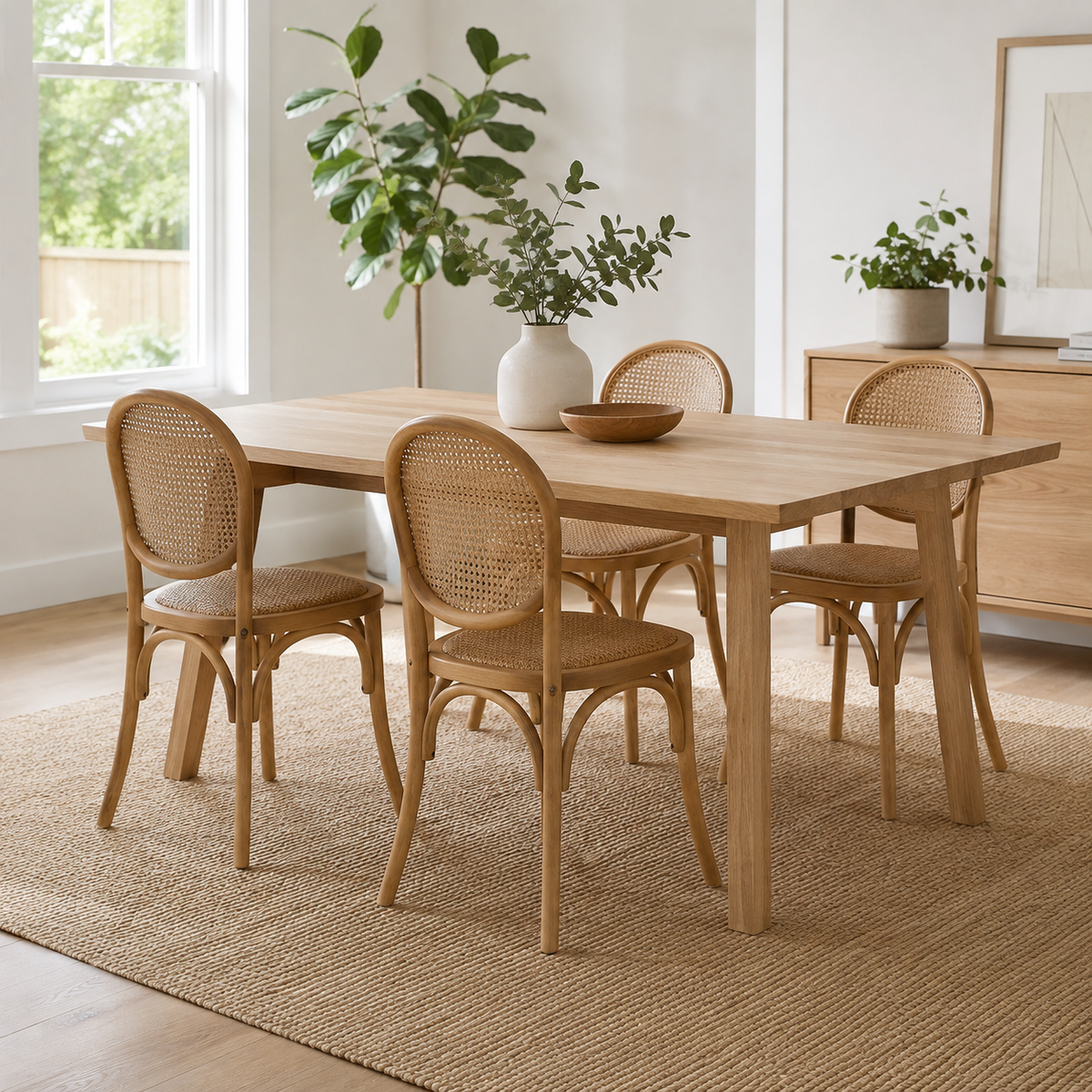 Vattern brown rattan cane dining chairs in a warm dining room with natural light