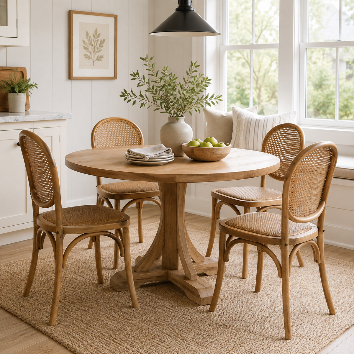 Vattern brown rattan cane dining chairs in a warm dining room with natural light
