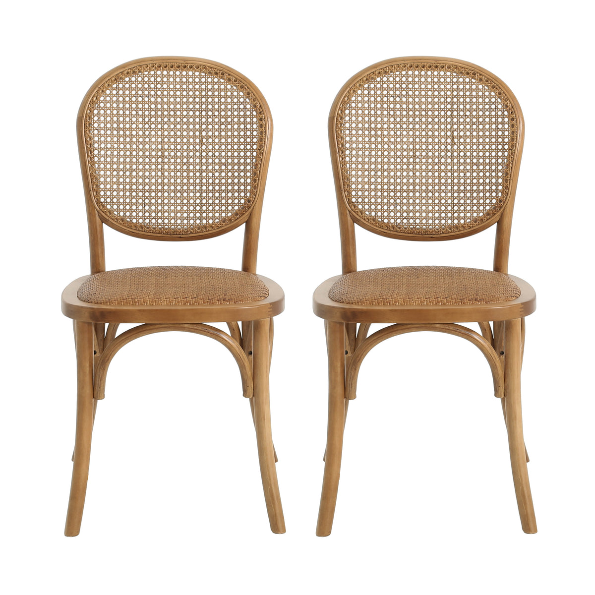 Vattern brown handwoven rattan cane dining chairs set of two front view on white background