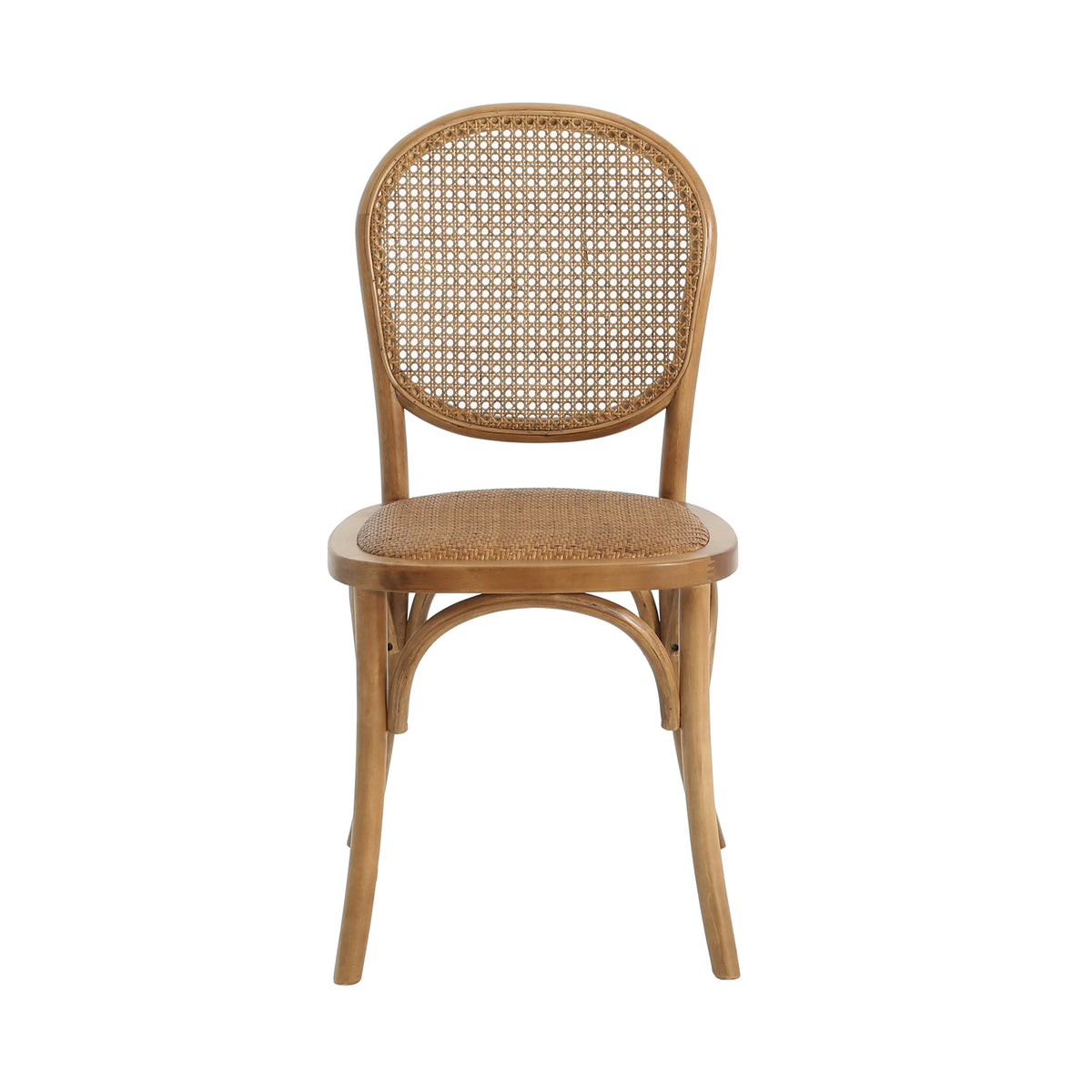 Vattern brown handwoven rattan cane dining chair straight front view on white background