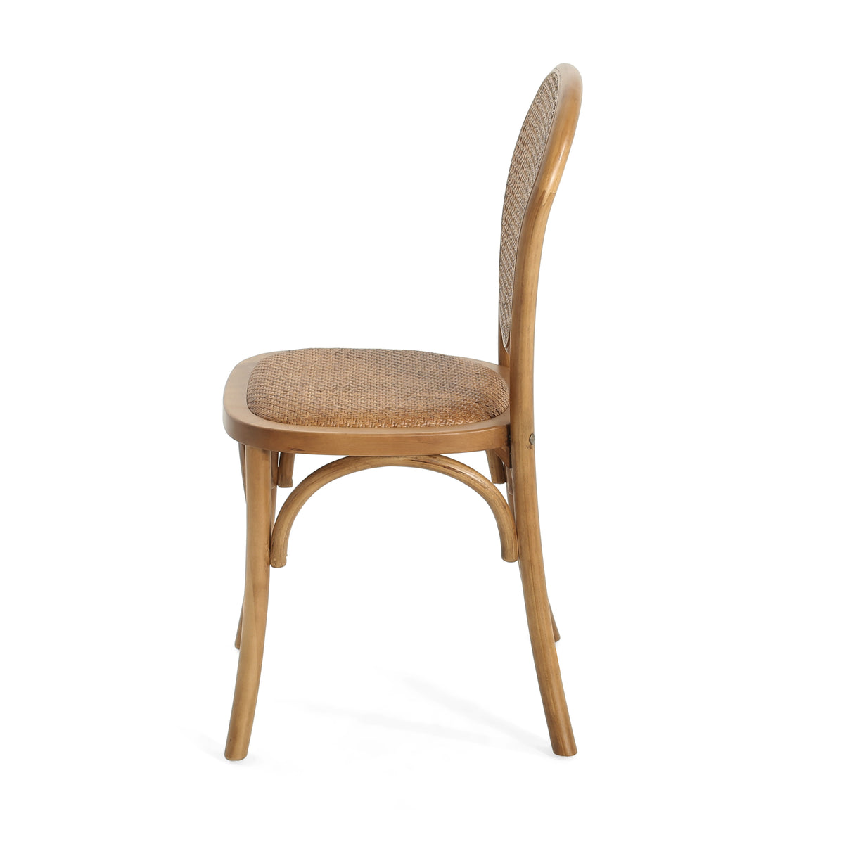 Vattern brown handwoven rattan cane dining chair side view on white background
