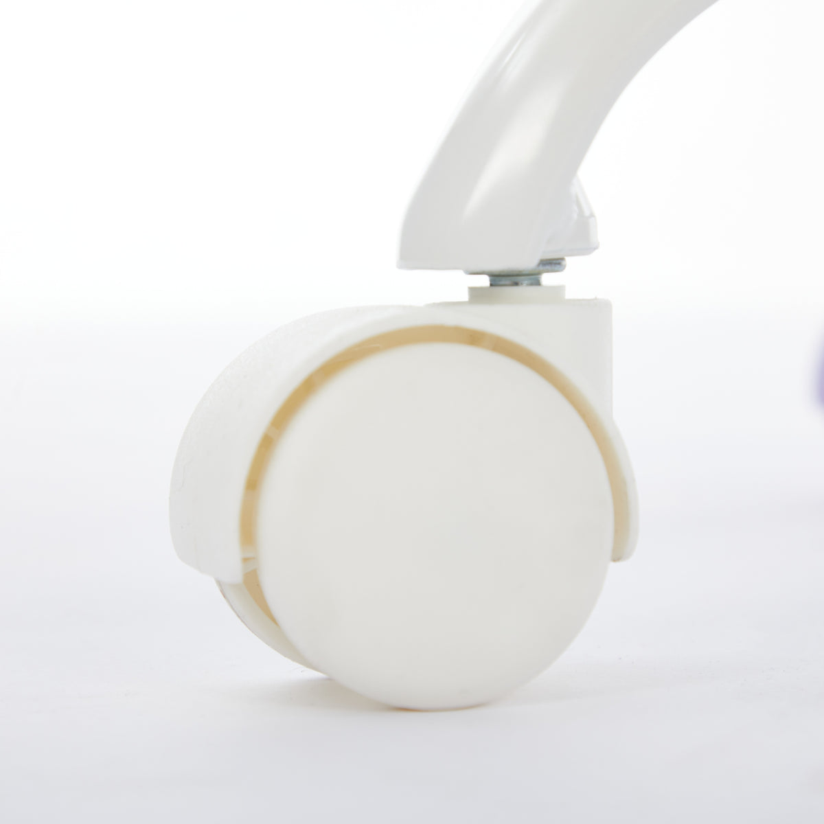 Velin ivory office chair showing colorful caster detail