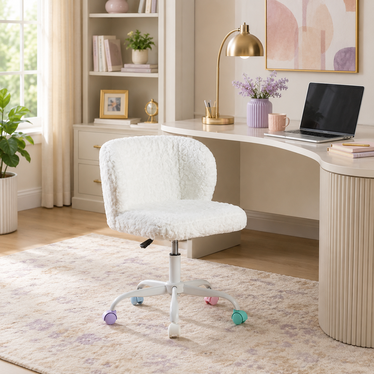 Velin ivory faux fur swivel office chair with colorful casters in a bright home office