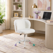Velin ivory faux fur swivel office chair with colorful casters in a bright home office