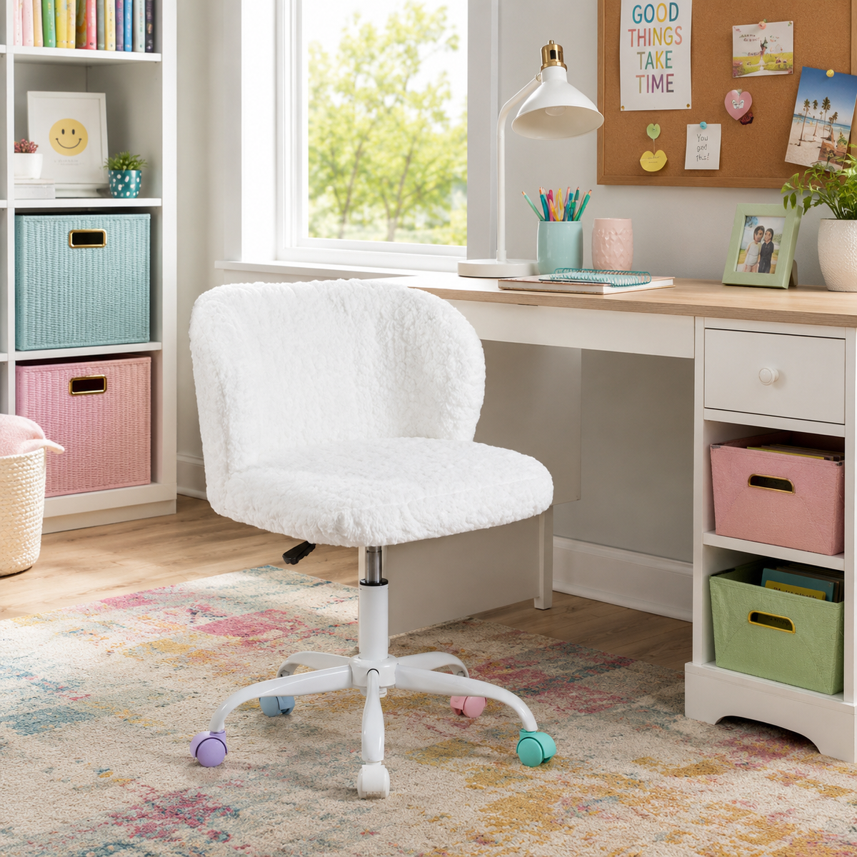 Velin ivory faux fur office chair beside a curved desk in a warm workspace