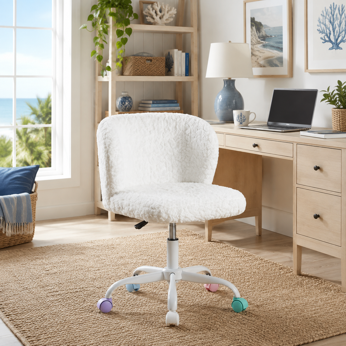Velin ivory swivel office chair in a cozy bedroom study with pastel decor