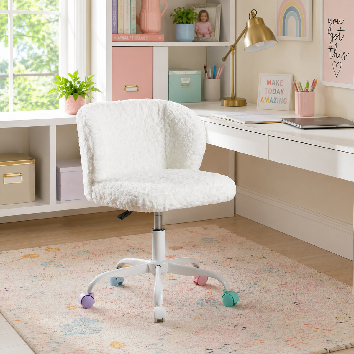 Velin ivory swivel office chair in a cozy bedroom study with pastel decor